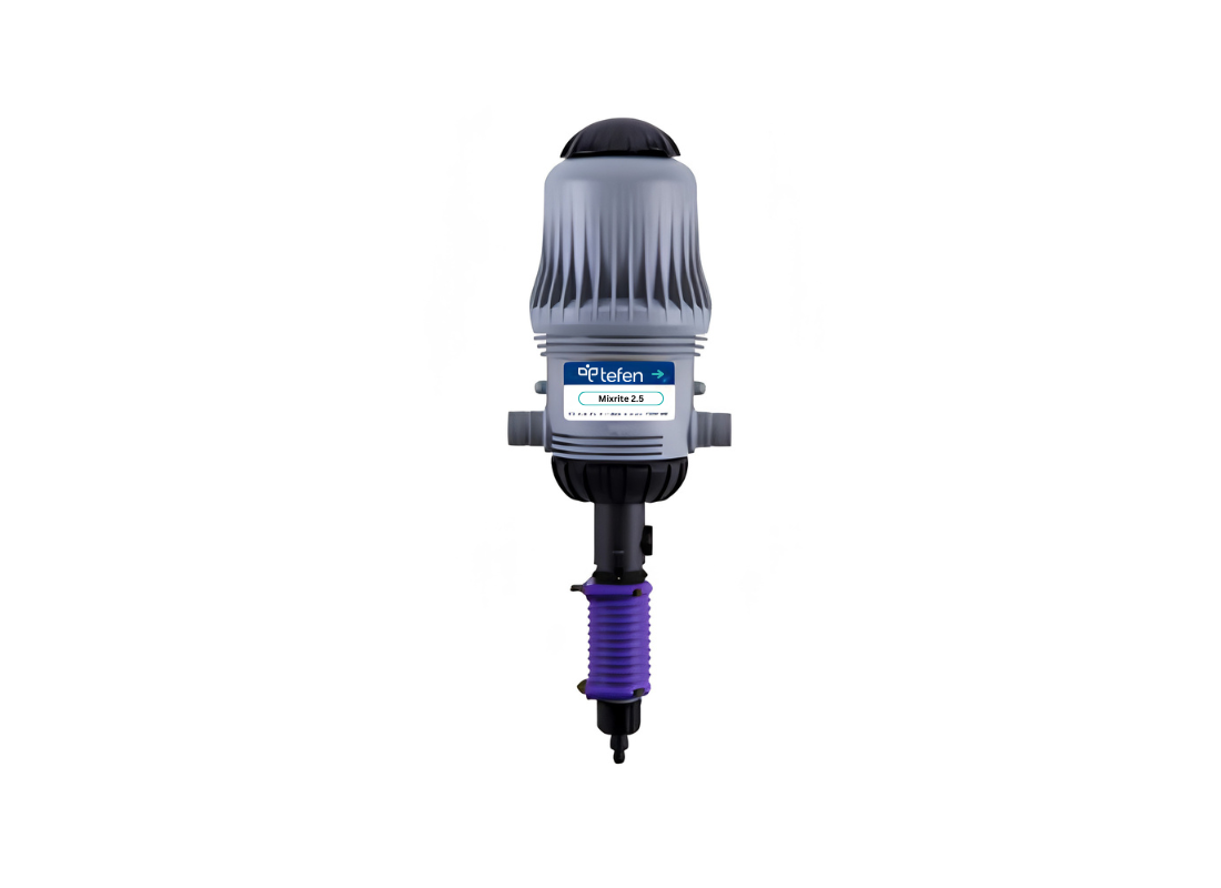 Tefen MixRite TF2.5 car wash water-powered dosing pump showing pump mechanism and control settings in a clean, technical setup.