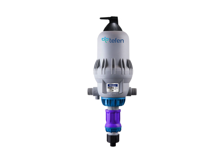 Tefen MixRite TF5 standard water-powered dosing pump with adjustable flow rate from 0.2% to 2%, showing the pump and control dial.