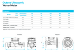 Arad Octave Ultrasonic SST 50mm digital water meter showing specifications and dimensions in a technical diagram.