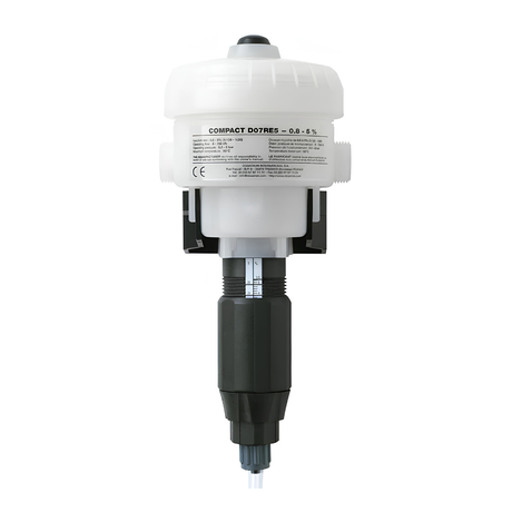 Dosatron D07RE5AF water-powered dosing pump with PVDF body, compact design, used for precise chemical dosing in water systems.