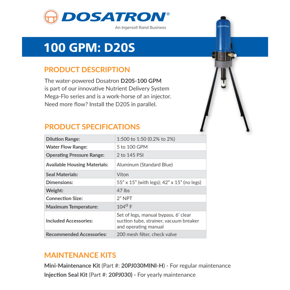 Diagram showing features of Dosatron D20AL2VF water powered dosing pump, highlighting its 0.2–2% dosing capacity and design.
