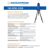 Diagram showing features of Dosatron D20AL2VF water powered dosing pump, highlighting its 0.2–2% dosing capacity and design.