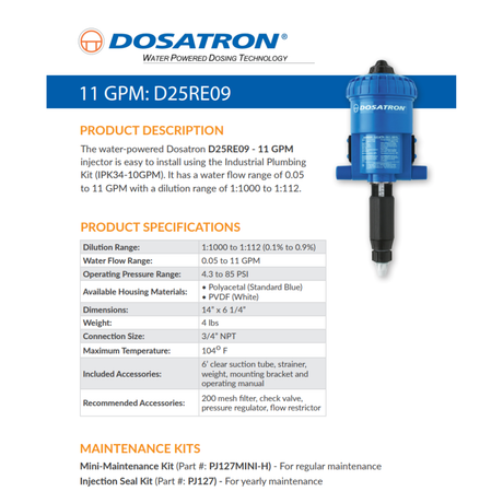 Dosatron D25RE09AF water powered dosing pump with specifications, showing the pump's design and control features.