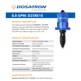 Dosatron D25RE10AF water-powered dosing pump with specifications, showing the pump's compact design and control panel.