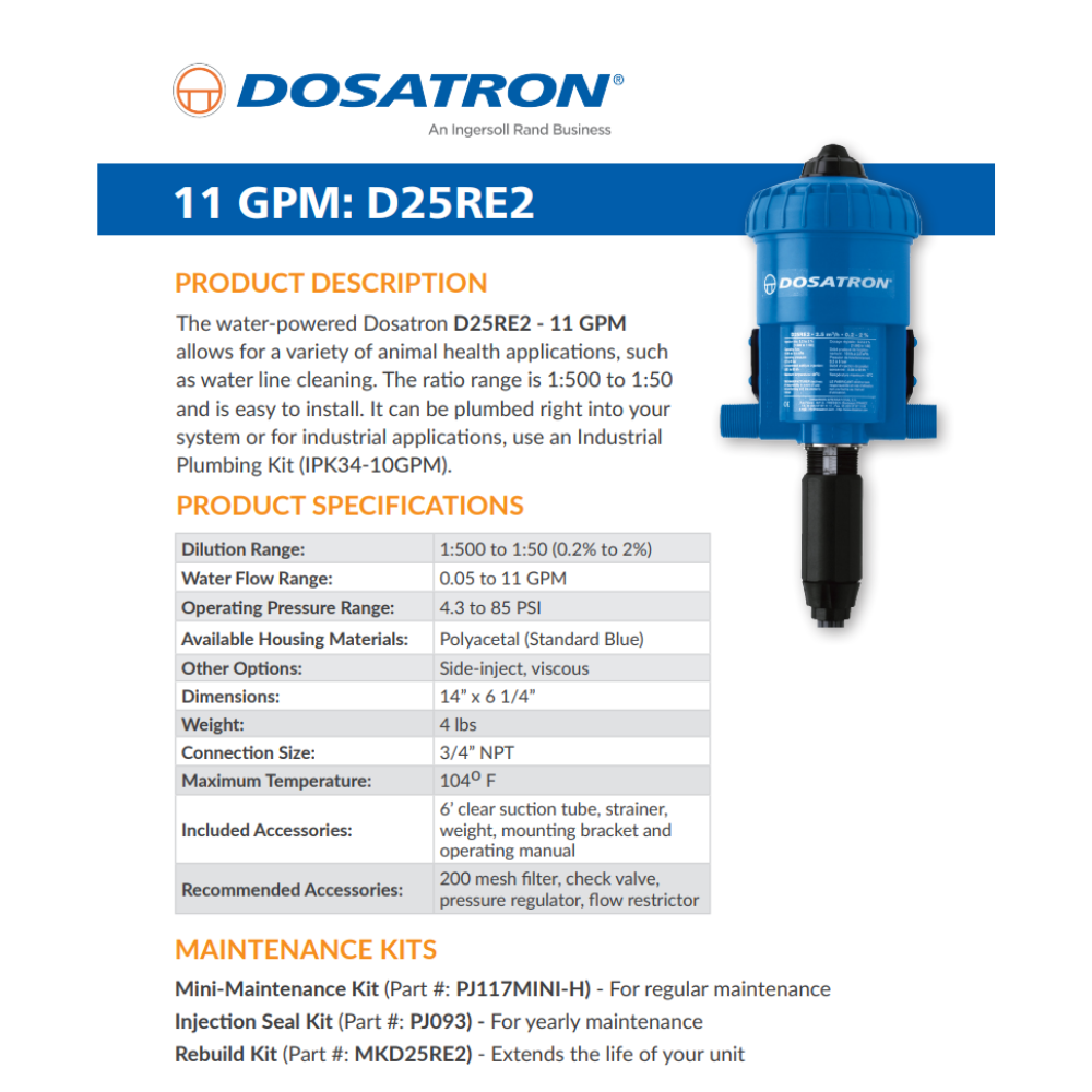 Dosatron D25RE2AF water powered dosing pump with 0.2-2% capacity, shown with technical specifications and components.