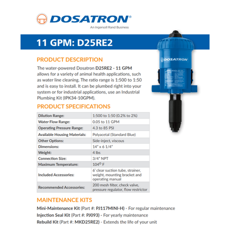 Dosatron D25RE2AF water powered dosing pump with 0.2-2% capacity, shown with technical specifications and components.