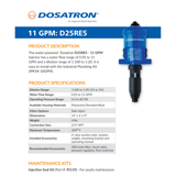 Dosatron D25RE5AF water-powered dosing pump with specifications, showing the pump and its control panel.