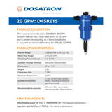 Dosatron D45RE15AF water powered dosing pump with specifications, showing the pump's compact design and control panel.