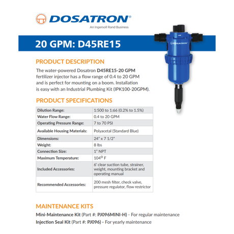 Dosatron D45RE15AF water powered dosing pump with specifications, showing the pump's compact design and control panel.