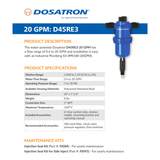 Dosatron D45RE3AF water powered dosing pump with 0.5–3% capacity, shown with specifications and technical details.