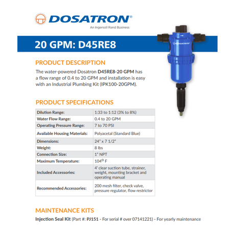 Dosatron D45RE8AF water powered dosing pump with 3-8% capacity, featuring detailed specifications and compact design.