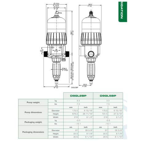 Dosatron D9GL2VF Greenline water powered dosing pump for irrigation, showing dimensions and setup in a detailed diagram.