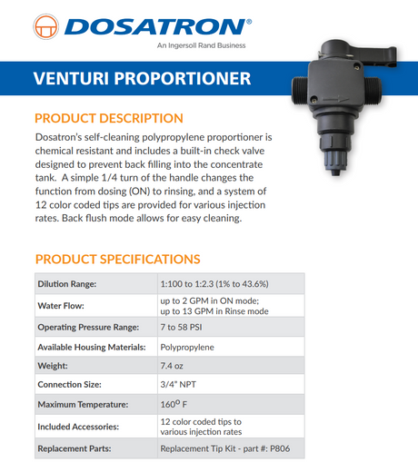 Dosatron Venturi Inline Chemical Dosing Injector Kit accessories with specifications diagram showing components and setup.
