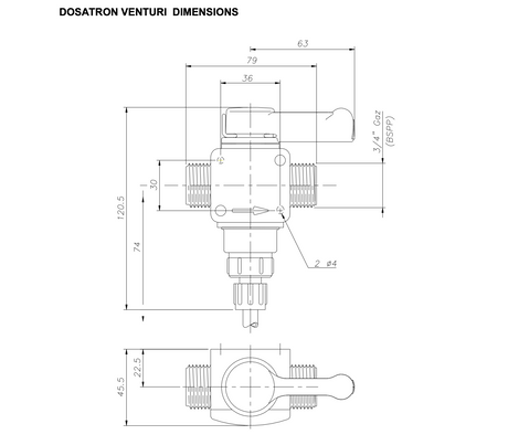 Technical dimension drawing of a Dosatron Venturi valve, showing front and side profile measurements with labeled dimensions on a white background.