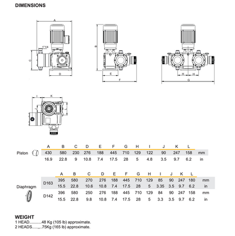 Technical dimension diagram and weight table for a motorcycle or bicycle exhaust system, showing front and side views with labeled measurements and tables for piston and diaphragm dimensions.